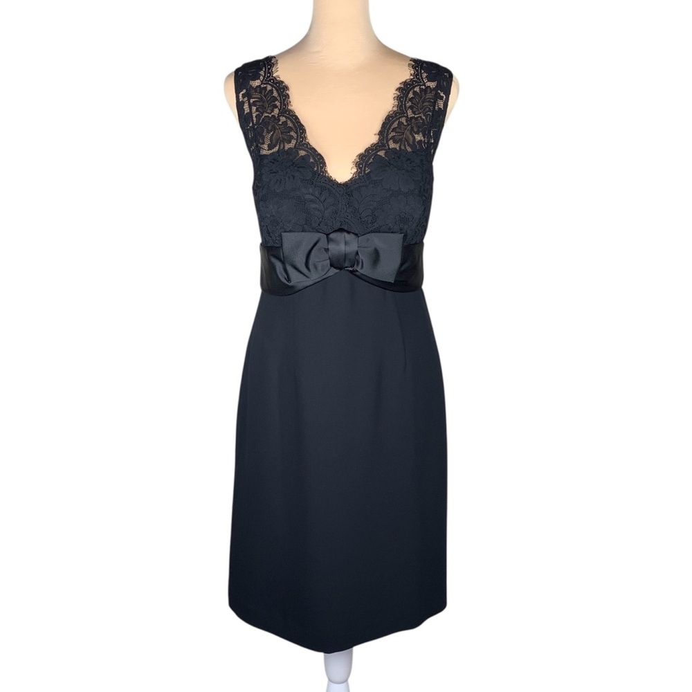 Ann Taylor Sheath Cocktail Dress 8 Black Lace Satin Bow Coquette Feminine Classy